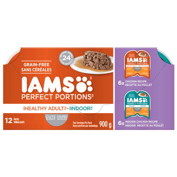 Iams Perfect Portions Grain Free Chicken & Indoor Chicken Cuts in Gravy Variety Pack Healthy Adult Wet Cat Food 12 Pack