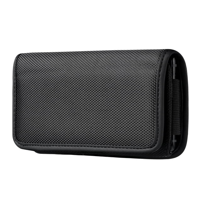 Universal Horizontal Cell Phone Holster Case with Belt Clip for Mobile Phone, crafted from durable black nylon with a textured finish. Designed for phones up to 6.69 x 3.35 x 0.59 inches, it features a metal belt clip, belt loop for horizontal wear, and sturdy Velcro closure. Includes a card slot for credit or ID cards, ideal for outdoor activities like hiking, camping, and skiing.
