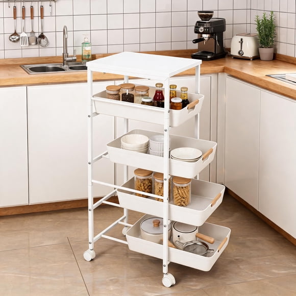 5-Tier Slim Rolling Storage Cart, 12.6" Wooden Top Narrow Kitchen Carts on Wheels with Pull-Out Baskets, Mobile Shelving Unit Organizer for Kitchen, Bathroom, Laundry Room, Small Spaces