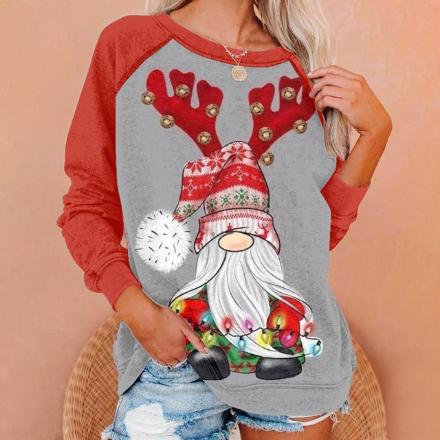 2023 Chandails de Noël pour Femmes en Liquidation Mode Chandail de Noël Imprimé Blouse à Manches Longues Col Rond Chandail Décontracté Hauts Chandails
