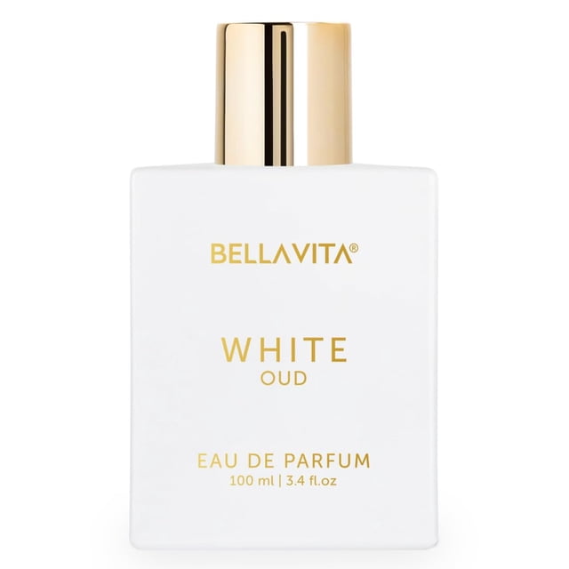 BELLAVITA Oud Blanc Unisexe Parfum Longue Tenue pour Hommes et Femmes, 100 ml. la Bouteille Présente un design Blanc Épuré avec des accents Dorés, Incluant un Bonnet Doré et un Lettrage Doré. Ce Parfum Combine un Citron Armoise Acidulé, de Délicates freesias et une base d'Ambre et de Musc pour un Arôme Sucré et Épicé.