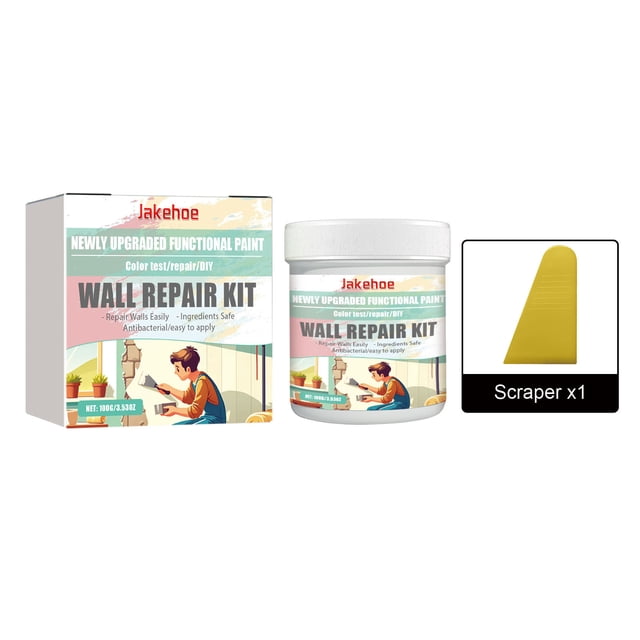 EGNMCR Wall Repair Kit including a 100g jar of patching paste, a yellow scraper, and detailed packaging. This kit is designed for fast, durable wall repairs and is made from eco-friendly, odorless materials. Suitable for dorms, RVs, and home offices.
