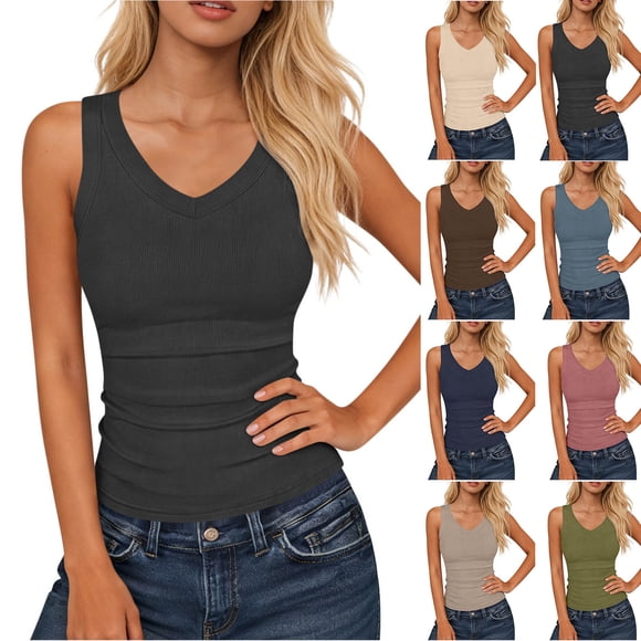 FAVIPT Ribbed Knit Cami for Women V Neck Sleeveless Basic Tees Slim Fitted Summer Casual Tank Top 2026 Green,M