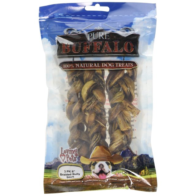Loving Pets Pure Buffalo 6-Inch Braided Bully Stick Dog Treat 3-Pack