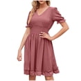 thumbnail image 1 of Dvprdro Robe en Chiffon pour Femmes Mode Été Col en V Manches Courtes à Volants Plissée Fluide Décontractée Ample Boho Plage Soleil Mini Robe, 1 of 5