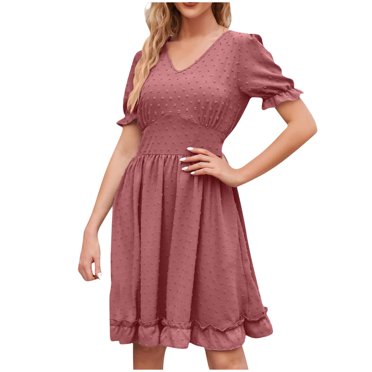 Dvprdro Women Chiffon Dress Summer Fashion Solid V Neck Short Sleeve Tiered Ruffle Pleated Flowy Casual Loose Boho Beach Sun Mini Dress