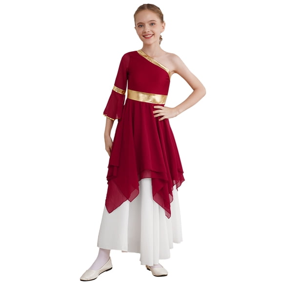 Yeahdor Kids Girls Metallic Gold Shiny Liturgical Praise Dance Ballet Modern Contemporary Lyrical Dress Robe Worship Burgundy B 6