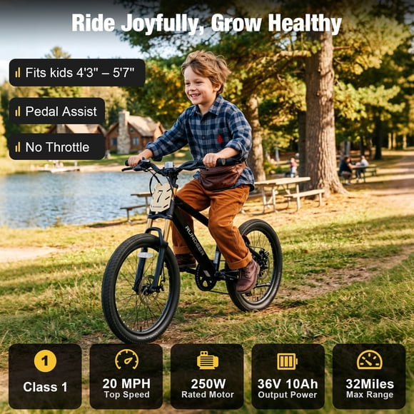 RUNDEER Vélo Électrique 20 Pieds' pour Enfants de 6 à 13 Ans, Ebike pour Enfants, 20 Mph, Autonomie de 32 Miles, 250 W, 36 V/10 Ah, Certifié 2849 par TUV, Garantie de 1 An, comme Cadeau pour Anniversaire, Noir