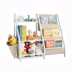 VEVOR 3-Tier Bibliothèque pour enfants, Organisateur de rangement de jouets pour tout-petit, Bibliothèque pour les chambres pour enfants avec sac de rangement et de rangement en sling, étagères de rangement pour enfants pour chambre pour enfant, salle de jeux, maternelle, crèche