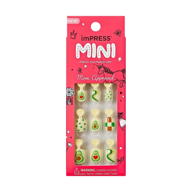 imPRESS Mini, Ongles à Presser, Avocat, Courts Squoval, 20 Unités, en Emballage Rose avec illustrations de Licorne et d'Étoile, Présentant des Ongles Carrés Format Enfant Décorés de Visages d'Avocat, de Pois Verts et de Motifs à Carreaux, Conçus pour une application Sûre, Sans Colle, Rapide, Idéale pour les Manucures pour Débutants.