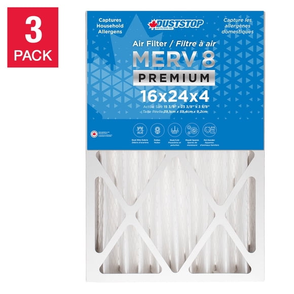 Duststop MERV 8 Premium Pleated Furnace Filter, 3-pack 16 x 24 x 4