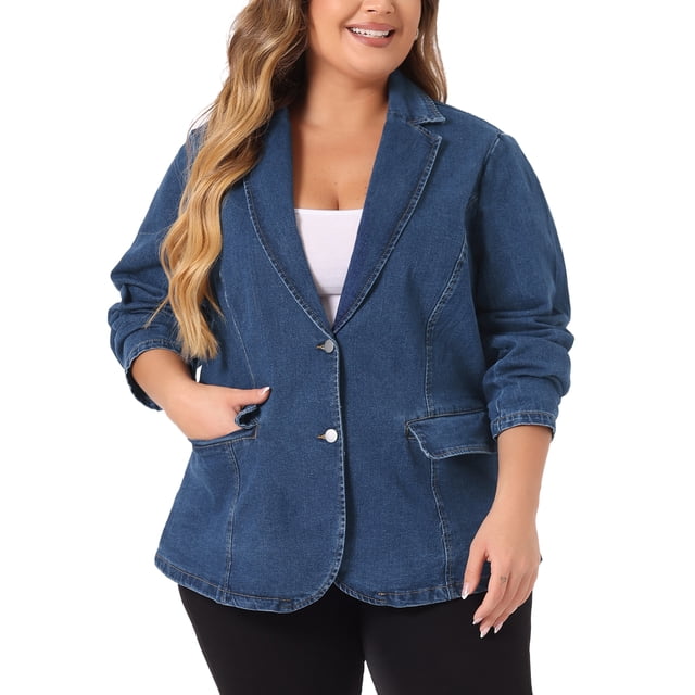 GRACE & GRANDEUR Women's Plus Size Denim Blazer Notched Lapel Button Work Jean Jackets 1X Denim Blue