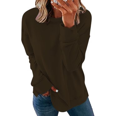 EQWLJWE Long Sleeve Blouses for Women Women Long Sleeves Casual Shirts Solid Color Round Neck Sweatshirt Pullover Loose Tunic Tops Fall Clothes for Women