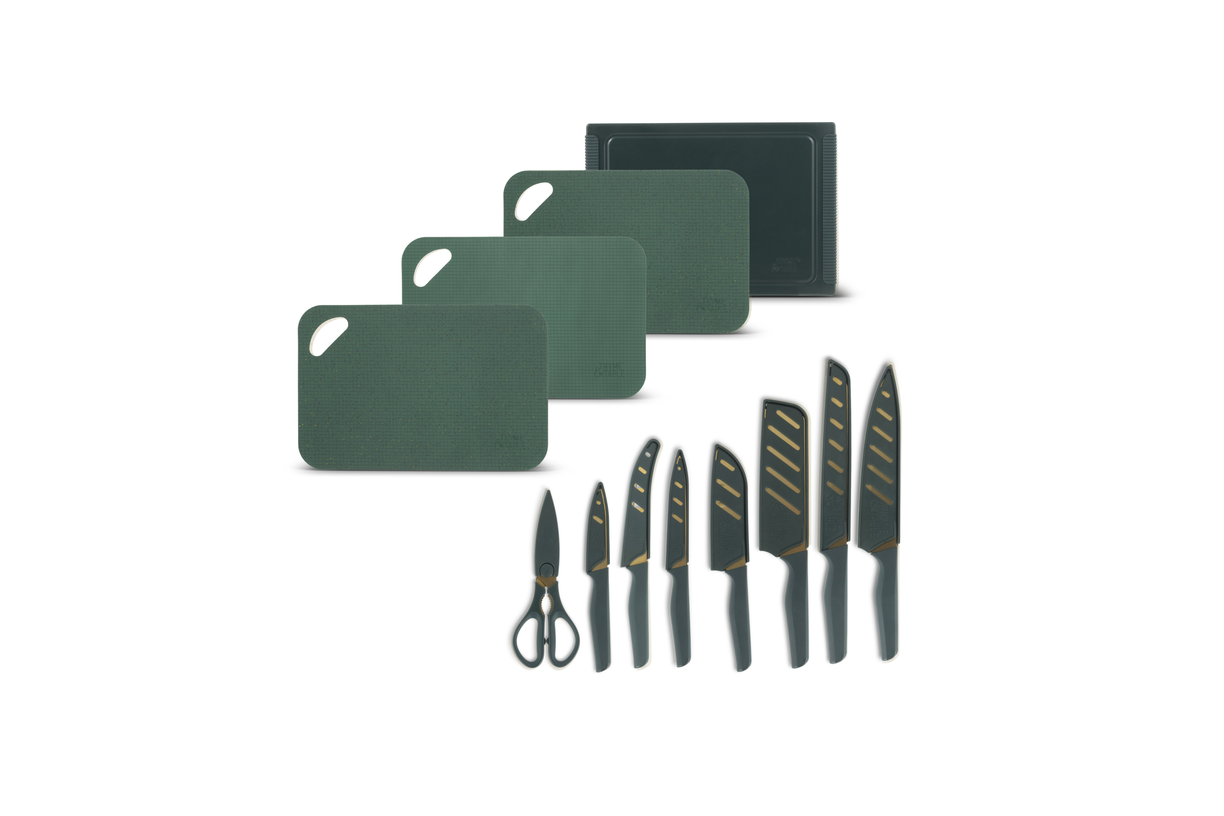 Ensemble de 20 couteaux et planches à découper en acier inoxydable Thyme & Table, vert