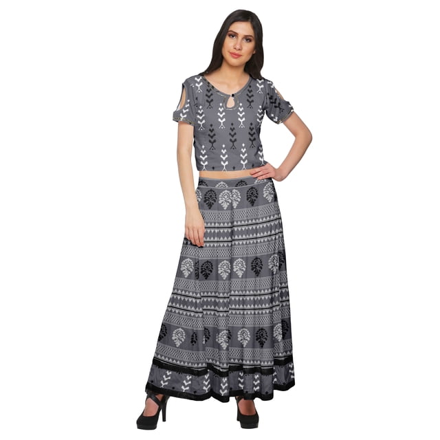 Moomaya Ensemble Ample Palazzo et Haut Court Robe Ethnique Imprimée Santoon pour Femmes