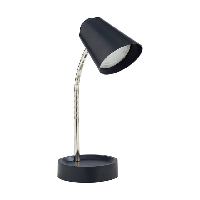 HOMETRENDS Organizer Desk Lamp in black with an adjustable silver gooseneck and conical shade, featuring a round base with a storage compartment and USB charging port, ideal for focused desk lighting and workspace organization.