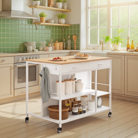 LEDREM Chariot de Cuisine Roulant Island avec 2 Tiroirs, Tablettes Ajustables, Crochets, Table Mobile de Rangement et de Préparation pour Cuisine, Grand Plan de Travail, Chêne Beige et Blanc Mat