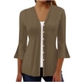 thumbnail image 2 of VKOYWKM 3/4 Length Sleeve Womens Tops Trendy Eyelet Embroidery Tees Button Down V Neck Pullover Tops Solid Color Ruffle Bell Sleeve Tunic Blouses, 2 of 5