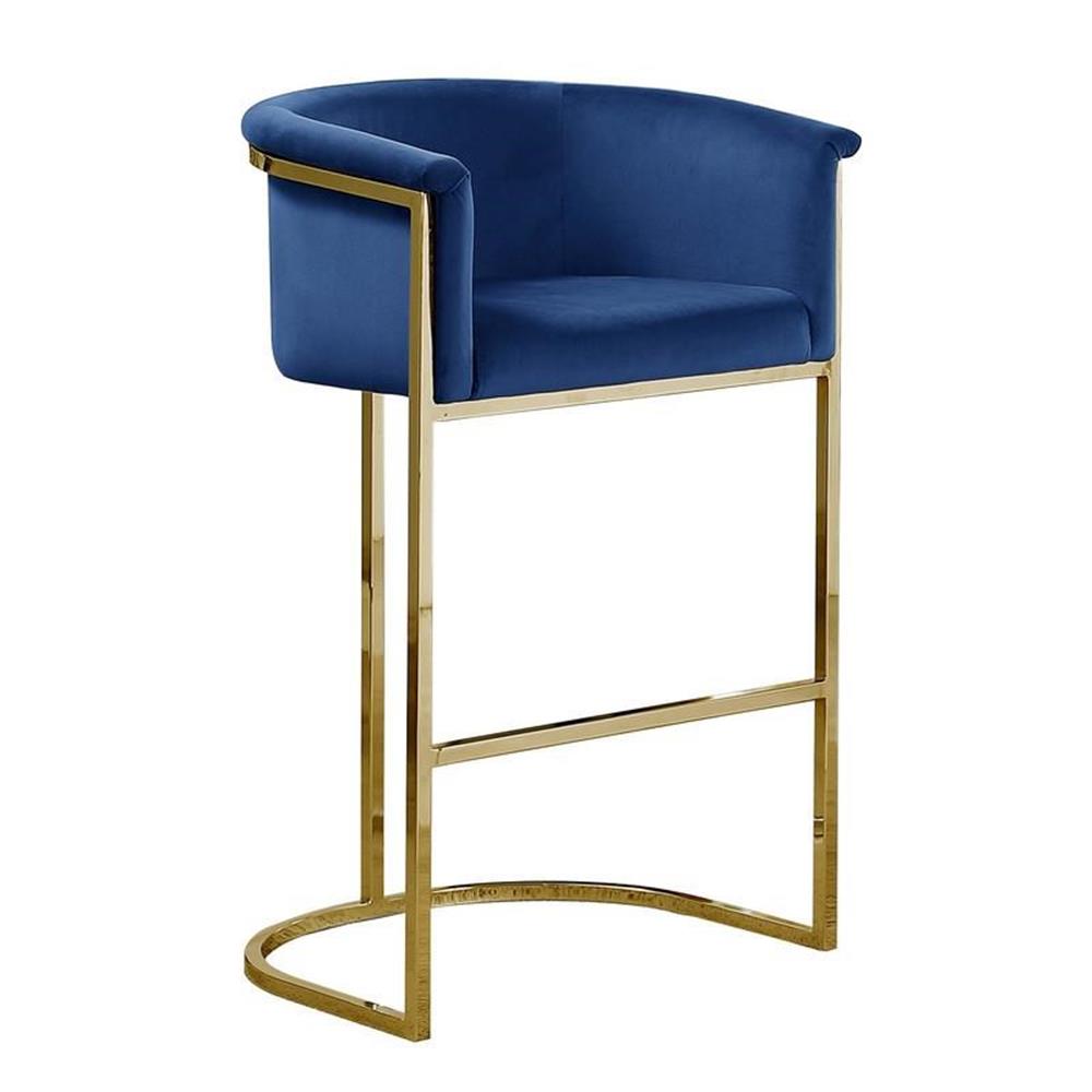Tabouret de Bar en Velours Bleu Marine (Unité) avec Base en Métal Doré Chromé