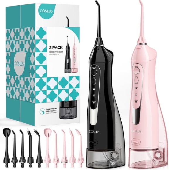 COSLUS Water Dental Flosser Teeth Pick: 2 Pack 300ml Portable Cordless Oral Irrigator,Rechargeable Travel Irrigation Cleaner for Teeth,Gums,Braces Care,Ipx7 Waterproof E