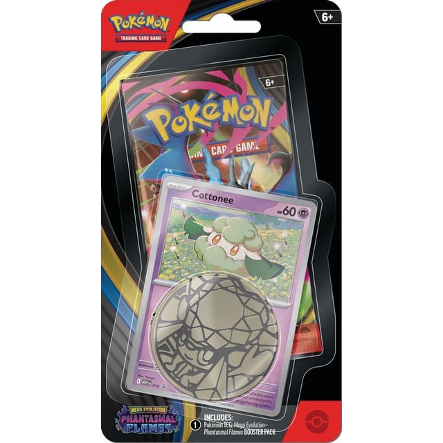 Pokémon Mega Evolution Phantasmal Flames Pokemon Paquet Blister Mettant en Vedette une Carte de Base en Côtone avec 60 HP et une Pièce de Collection Argentée, Présenté dans un Paquet Blister Noir avec une Illustration Colorée de Mega Evolution et la Marque du Jeu de Cartes à Collectionner Pokémon, Convient aux 6 Ans et Plus.