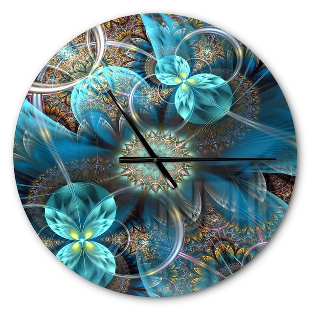 Designart 'Fractal Blue Flowers' modern wall clock with a round glossy aluminum face featuring translucent blue fractal flowers and intricate gold and teal mandala patterns, black hour and minute hands, ready to hang for home or office décor.