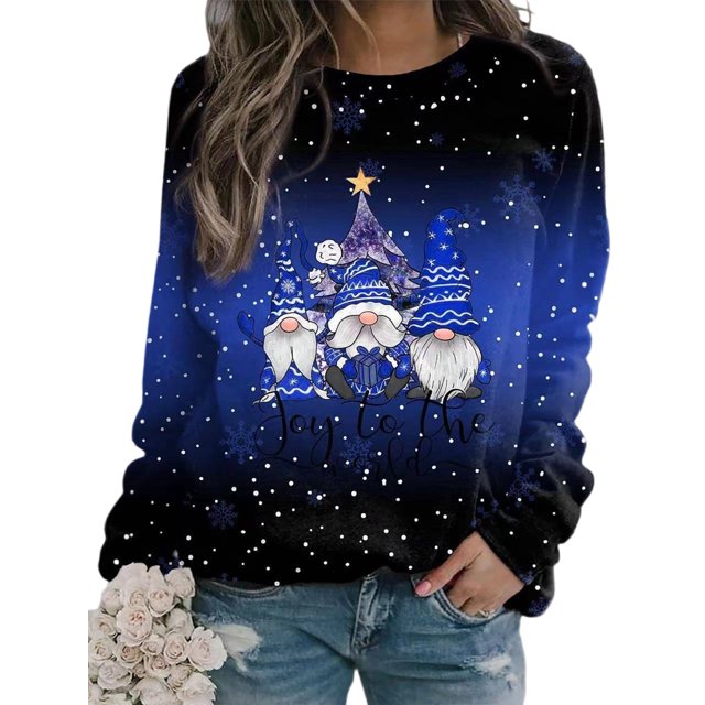 Bellella Sweatshirts de Noël pour Femmes Manches Longues Hauts de Noël Col Rond Pull Ample Imprimé Santa Claus Bleu L