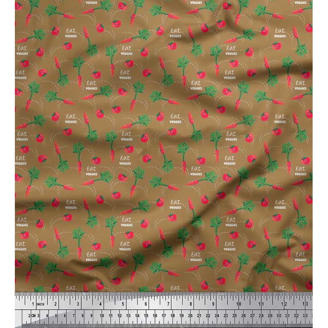 Soimoi Poly Georgette Fabric Text,Tomato & Carrot Vegetable Print Sewing Fabric Yard 52 Inch Wide
