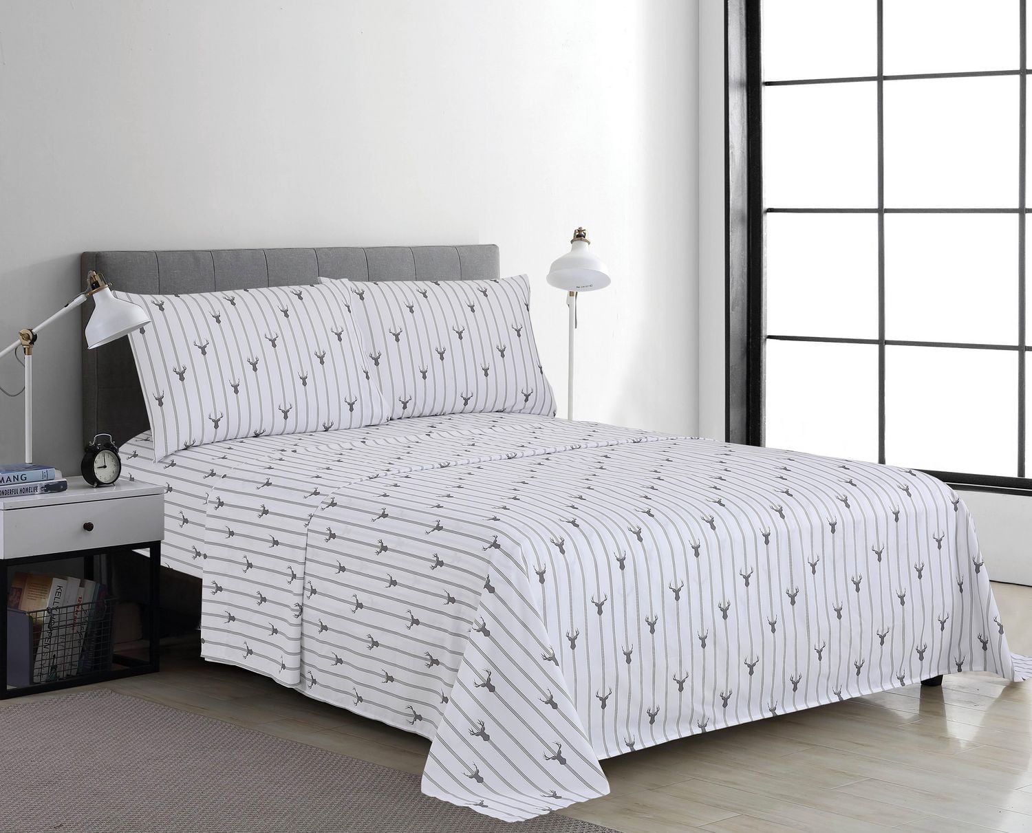 Swift Home 4-Piece Printed Sheet Set, White Striped, Full Size