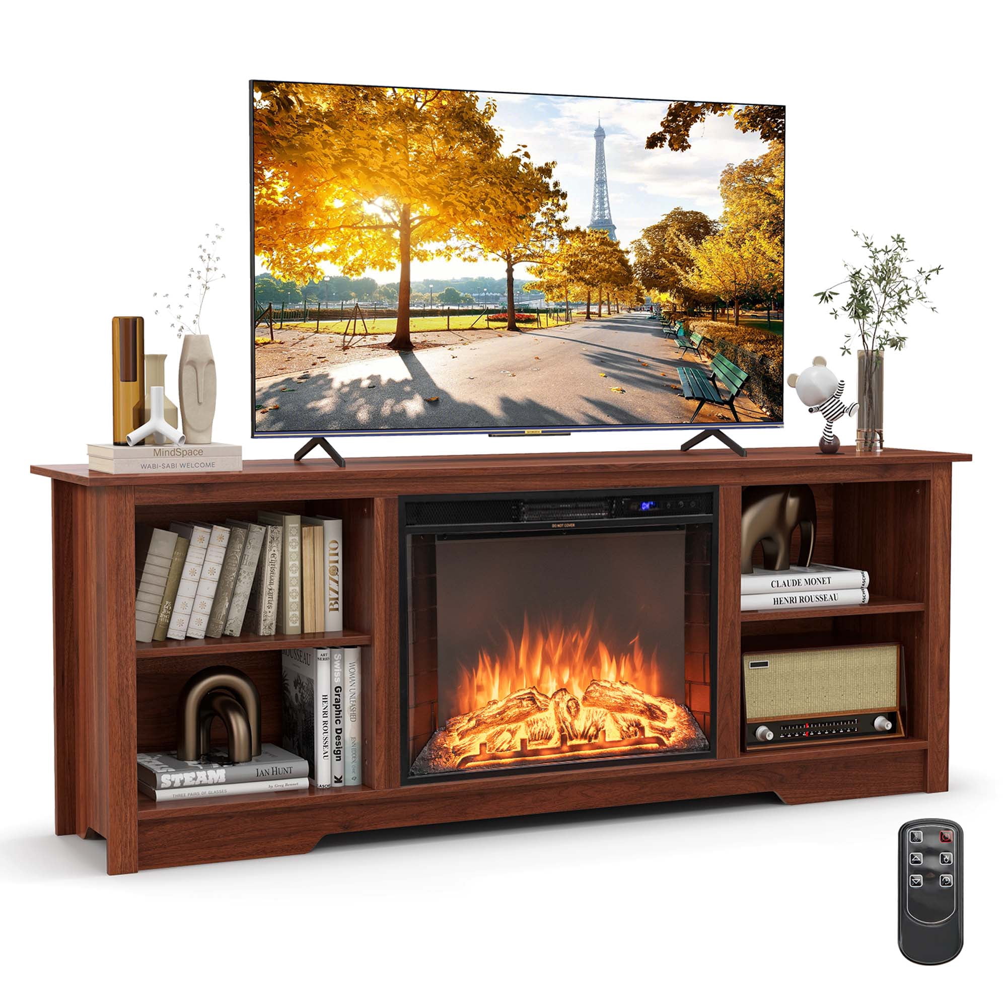 Costway 70" TV Stand with 26" Electric Fireplace Insert Remote Control for 75" TV Walnut