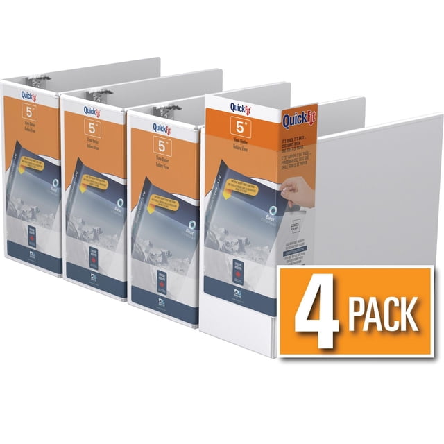 QuickFit® View Binder, Locking D Ring, 4 Pack, 5 inch, set of four white office binders with clear overlay covers and orange spine labels featuring mountain image inserts, designed for 8.5 x 11 inch paper, with locking D rings and a unique spine wrap insert for easy customization and quick identification, ideal for organizing documents and presentations.