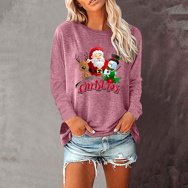 Qertyioot Chandail à Imprimé de Noël d'Hiver pour Femmes, Manches Longues, Col Rond Décontracté, Haut Mode à Enfiler