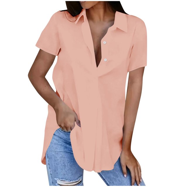 Birdeem Blouses pour Femmes Mode Décontractée Unie Col Rabattu Manches Courtes Bouton T-Shirt Haut Blouse