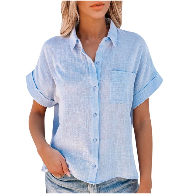 Fridja Lady Solid Color Cotton and Linen Shirt Short Sleeve Lapel Button Top