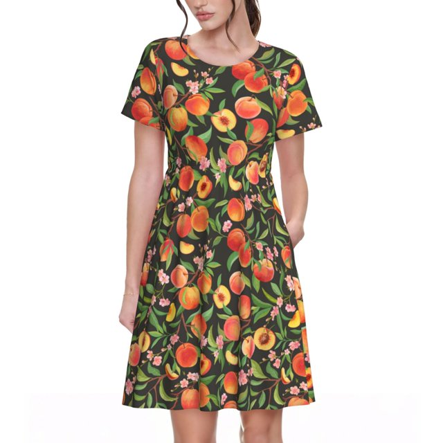 Vsdgher Fruits Pêche pour Femmes Été 2025 Décontracté Robes Midi Maxi Légères Manches Courtes Col Rond Robe de Plage
