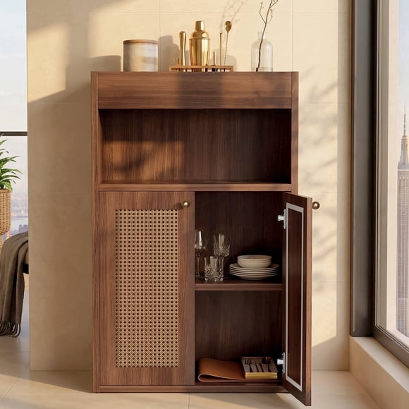 OMCMUU Over Toilet Cabinet with Rattan Doors and Tissue Holder, Walnut Finish