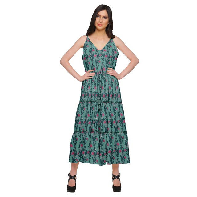 Moomaya Robe Longue maxi en Coton à Col en V Sans Manches à Bretelles Spaghetti Vêtements Décontractés