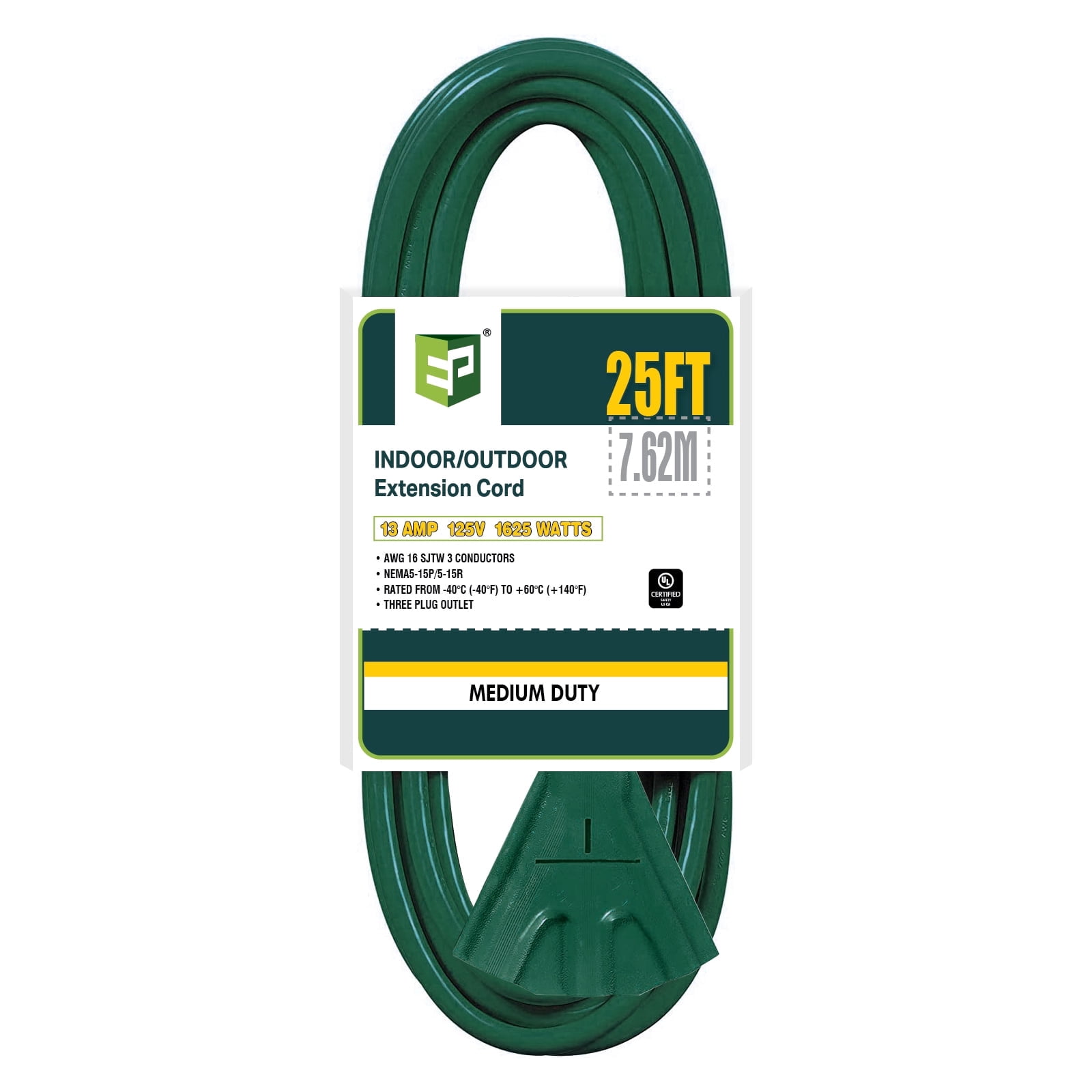 EP 25 Ft Outdoor Extension Cord with 3 Electrical Power Outlets - 16/3 SJTW Green Cable with 3 Prong Grounded Plug for Safety Great for Christmas Lights, Garden and Major Appliances