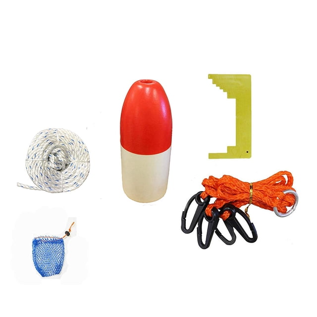 KUFA Crab Trap Accessory Kit featuring a 5x11-inch red and white bullet float, 1/4x100 ft non-lead sinking line, heavy-duty 4-point harness, plastic bait bag with rubber locker, and a yellow crab caliper. Ideal for crab fishing setups.