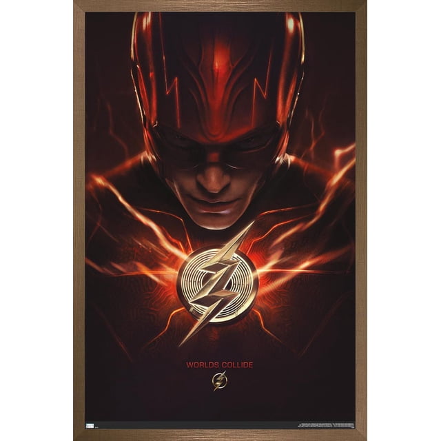 DC Comics Movie The Flash - The Flash One Sheet Wall Poster, 22.375" x 34", depicting a centered front view of The Flash's red suit with glowing orange lightning effects around the metallic lightning bolt emblem on the chest and the text 'WORLDS COLLIDE' below, printed on glossy poster paper with a brown frame.