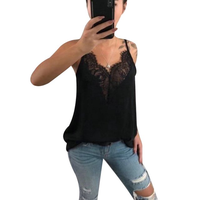 DYMADE Women Lace Patchwork V Neck Spaghetti strap Sexy Vest Top