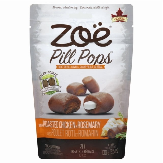 Zoe Pill Pops Chicken with Rosemary Dog Treats 100 G package showing soft, chewy brown treats designed as pill covers with one treat partially open revealing a white pill inside, labelled roasted chicken and rosemary flavour, sealed for freshness, contains 20 treats, free of corn, wheat, soy, and artificial additives.