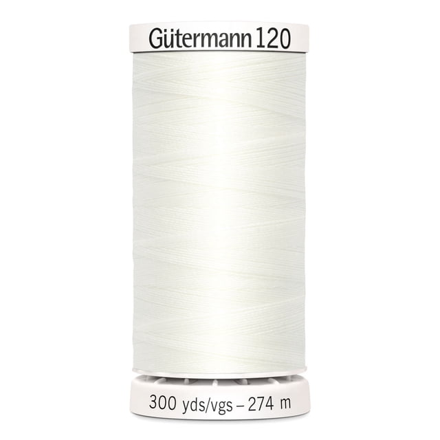 Gutermann 120 100% polyester all purpose thread spool in white, labeled 300 yards (274 meters), suitable for machine and hand sewing on cotton, synthetics, and wool fabrics, also often used for crafts and mending clothing or outdoor items.