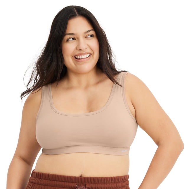 Jockey Women's Organic Cotton Stretch Tank Strap Bralette in a neutral beige tone, designed with a scoop neckline, wide tank straps, and a fabric-covered underband for comfort. Made with lightweight organic cotton stretch fabric, pad-free and double-lined for layering under t-shirts or casual wear.