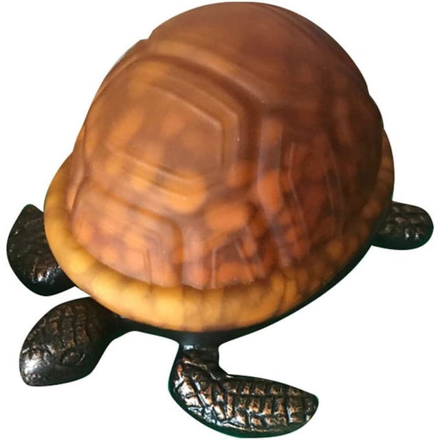 ORUYROP Table Lamp, a turtle-shaped decorative light with a stained glass shade in brown and an antique bronze finish. The base is made of environmentally friendly resin, and the lamp measures approximately 22 x 14 x 11 cm (8.66 x 5.51 x 4.33 inches). Suitable for use in restaurants, studies, bedrooms, hotel lobbies, and exhibition halls.