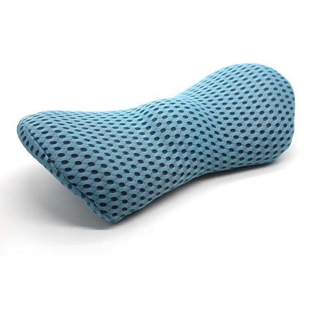 1Pc Memory Foam Lumbar Support Back Cushion Pillow in blue with a leaf-shaped design, made of pearl cotton and buckwheat shell for balanced firmness. Ideal for lower back pain relief, it measures 45x24x6.5cm and features a super soft, breathable, and machine-washable cover. Ergonomically designed for lumbar support, it can also be used as a knee support pillow or leg spacer, suitable for office chairs, car seats, recliners, and beds.