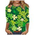 thumbnail image 1 of Diufon T-Shirts de la Saint-Patrick pour Femmes, Grande Taille, Imprimé Trèfle, Manches 3/4, Col Rond, 1 of 5