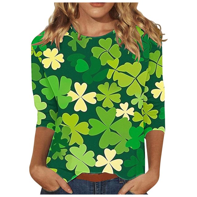 Diufon T-Shirts de la Saint-Patrick pour Femmes, Grande Taille, Imprimé Trèfle, Manches 3/4, Col Rond