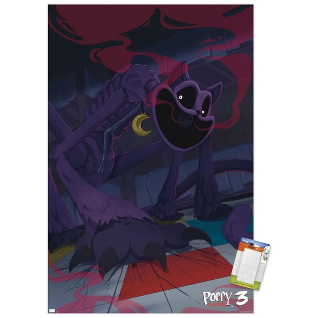 Poppy Playtime: Chapter 3 - CatNap Wall Poster, 22.375" x 34", depicts a dark purple skeletal cat with glowing white eyes and a wide grin holding a crescent moon charm. Its large clawed paw presses on cracked red and white floor tiles with red smoke swirling around. Printed on glossy paper, suitable for home décor and gaming rooms.