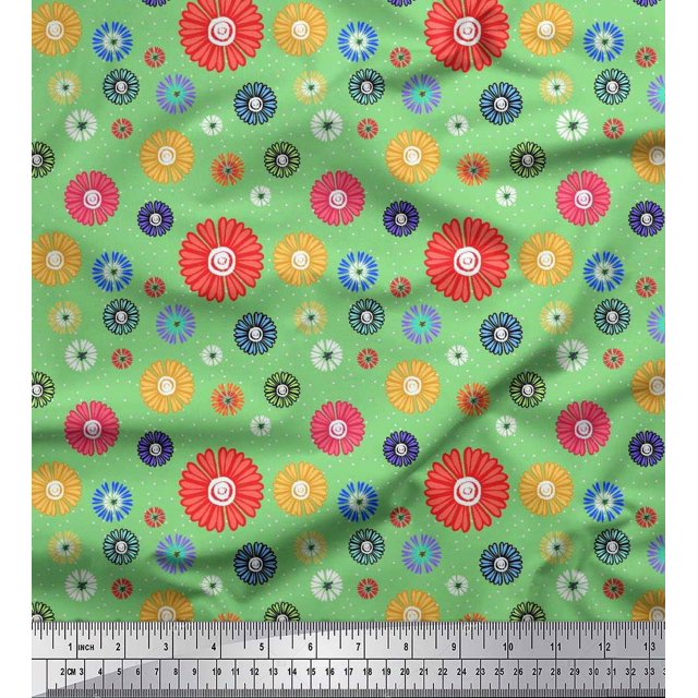 Soimoi Green Poly Georgette Fabric Dots & Aster Floral Print Sewing Fabric Yard 42 Inch Wide